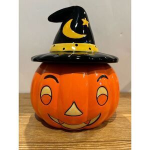 Halloween Retro Cookie Jar- KATE WILLIAMS -Jack O Lantern 10” Witch Hat-EUC